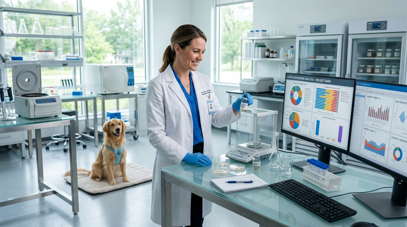 Veterinary scientist in clinical laboratory analyzing canine microbiome samples with golden retriever